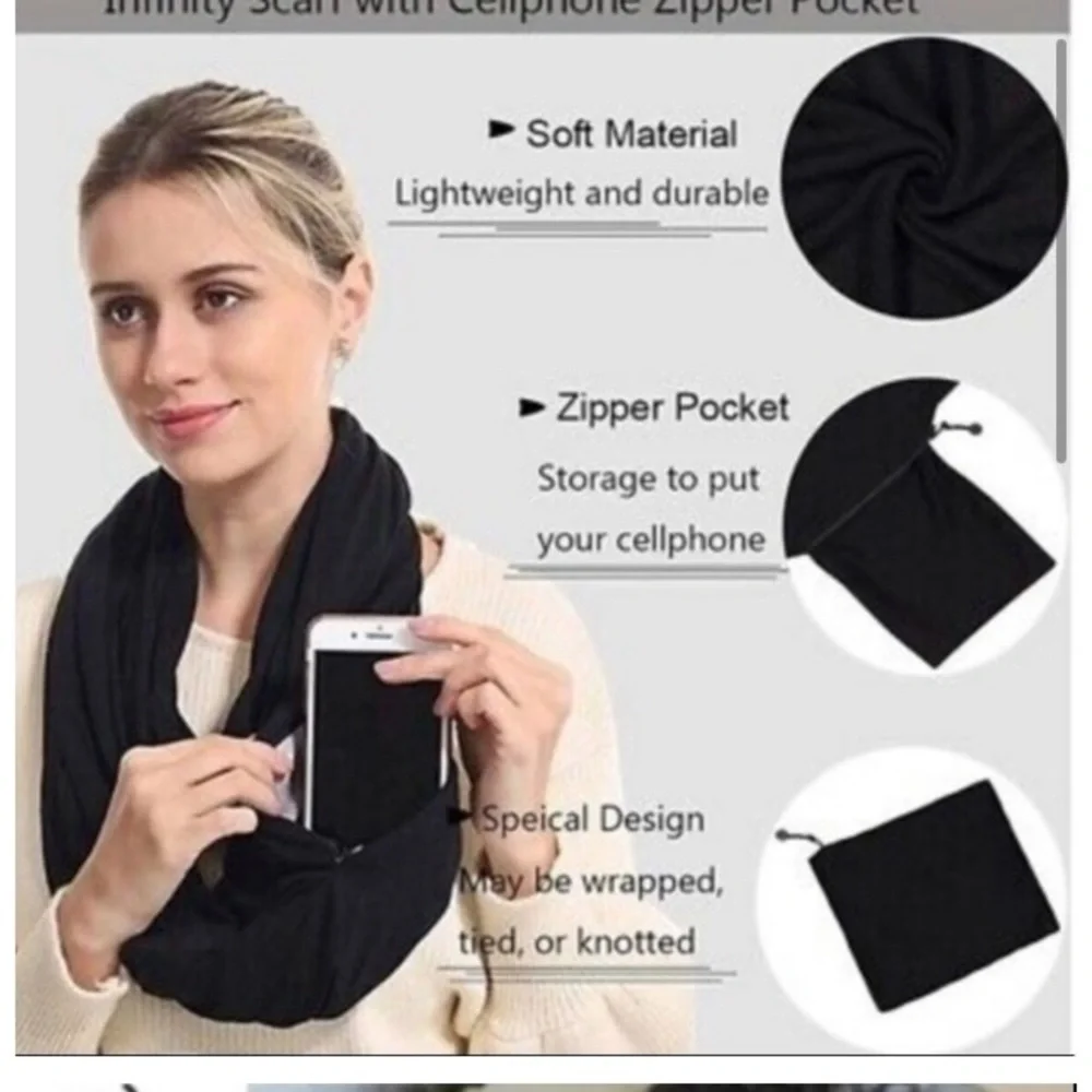 Beyond Yoga Soft Black Infinity Scarf Lightweight Zip Cell Phone Pocket NWT